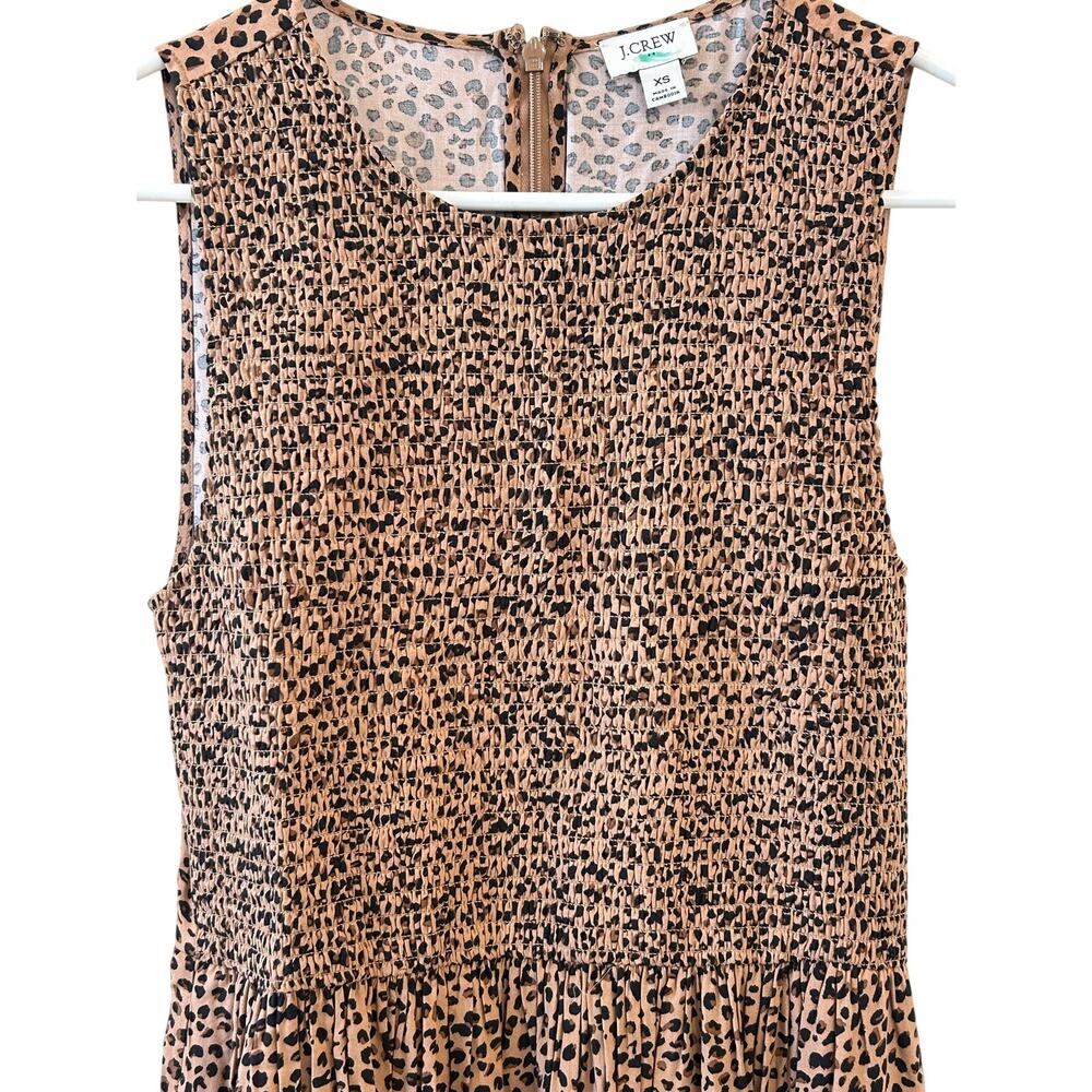 J. CREW Leopard Print Smocked Bodice Midi Dress XS Sleeveless Pockets - Picture 2 of 11